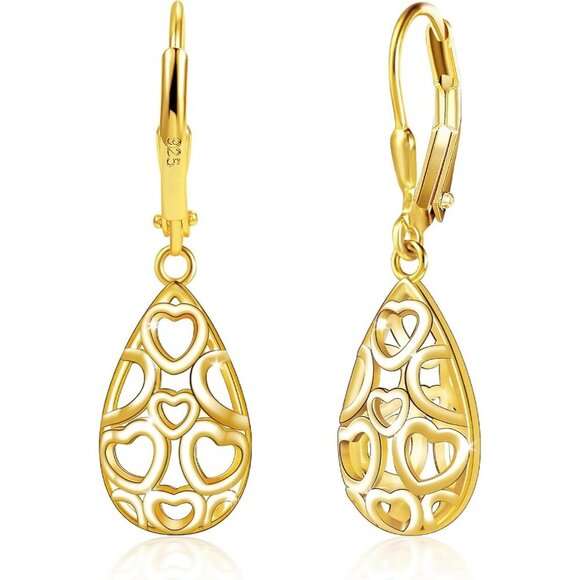 C-14K Gold Plated Dainty Teardrop Dangle Leverback Trendy Earrings for Women - Picture 1 of 7